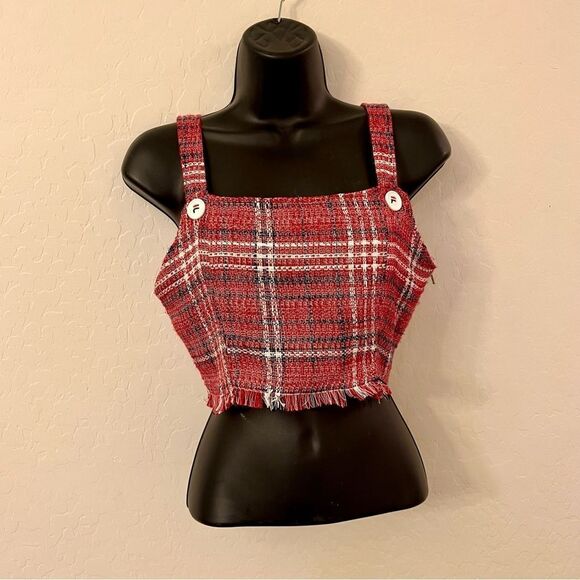 Fila Jester Italia Plaid Tweed Red White Square Neck Crop Tank Top Raw Hem XS - Picture 6 of 11
